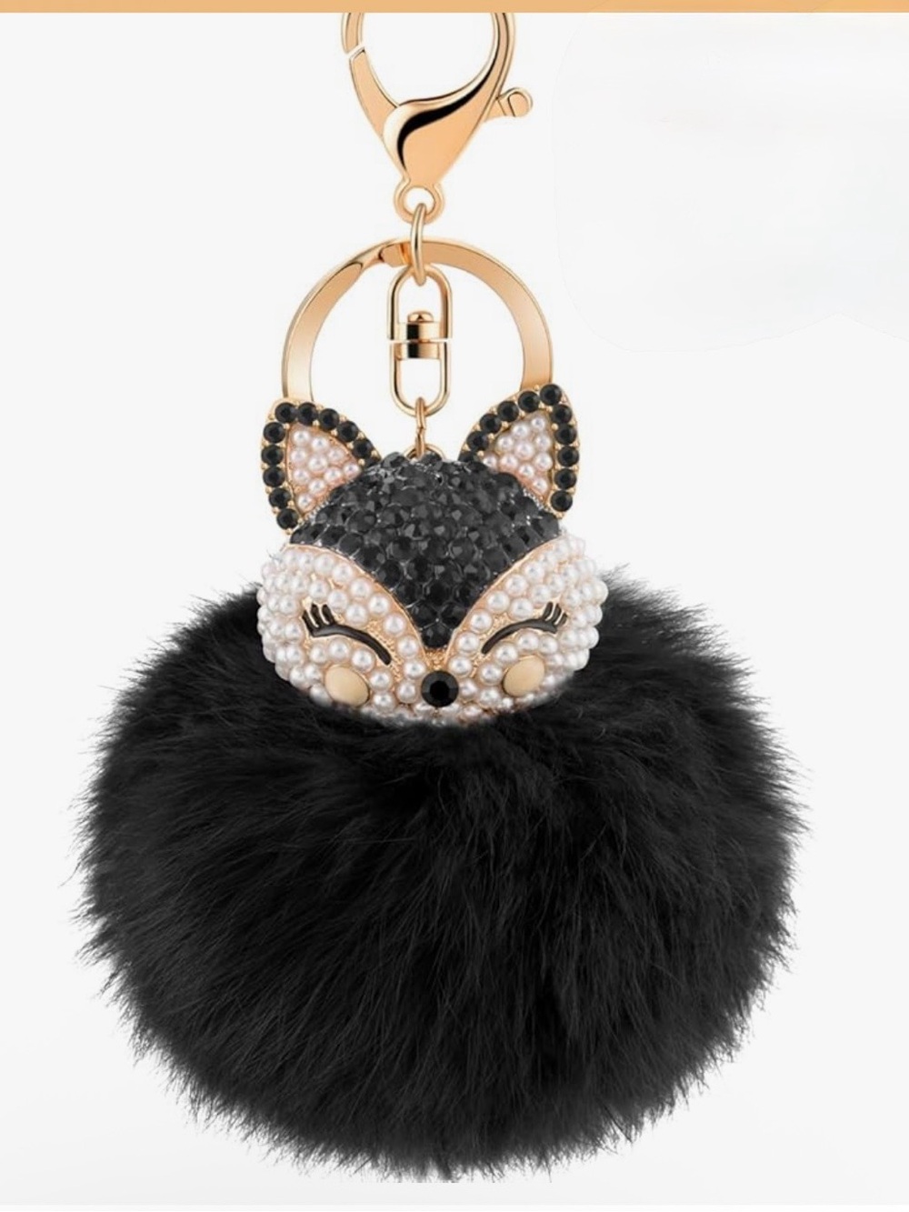 Black Rhinestone Fox Fluffy Pom-Pom Keychain. H-6.4”  W-3”. New.